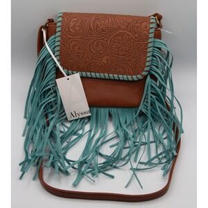 Alyssa Brown Faux Leather Tooled Floral Fringe Crossbody Bag Turquoise Trim